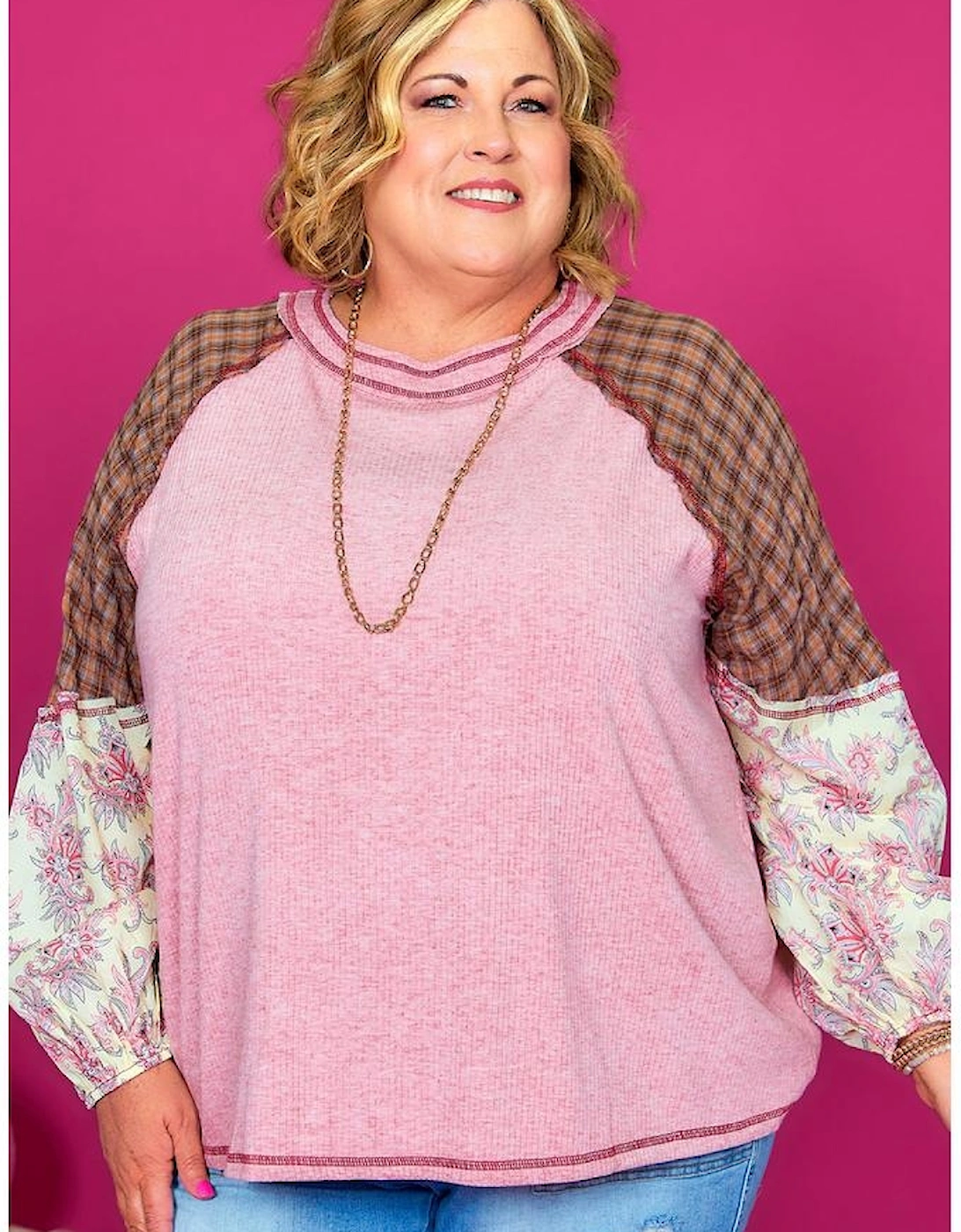 Pink Checkered Paisley Patchwork Raglan Sleeve Seamed Plus Size Top