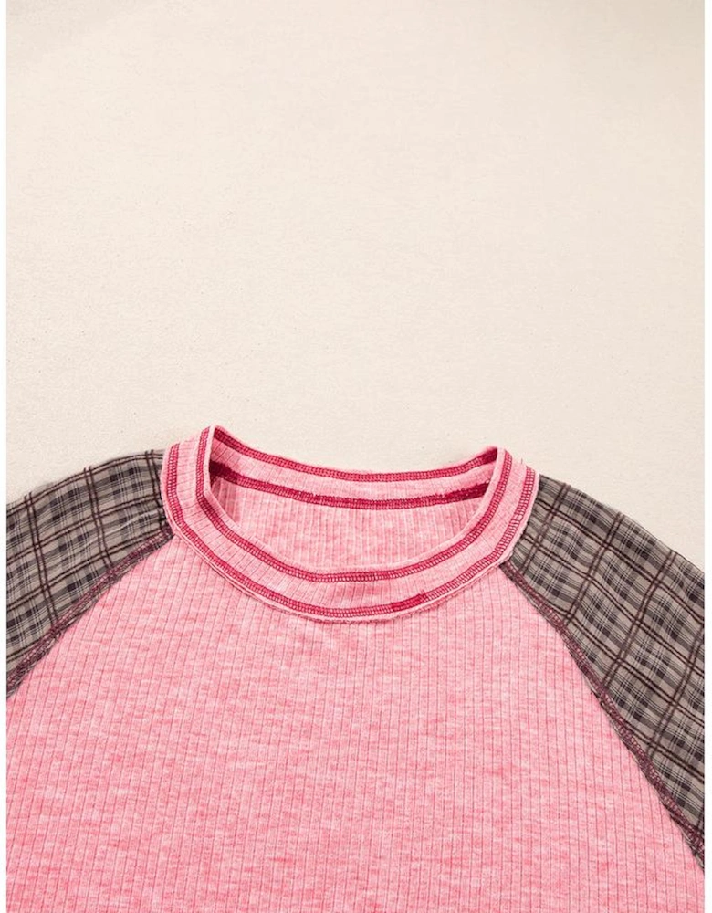Pink Checkered Paisley Patchwork Raglan Sleeve Seamed Plus Size Top
