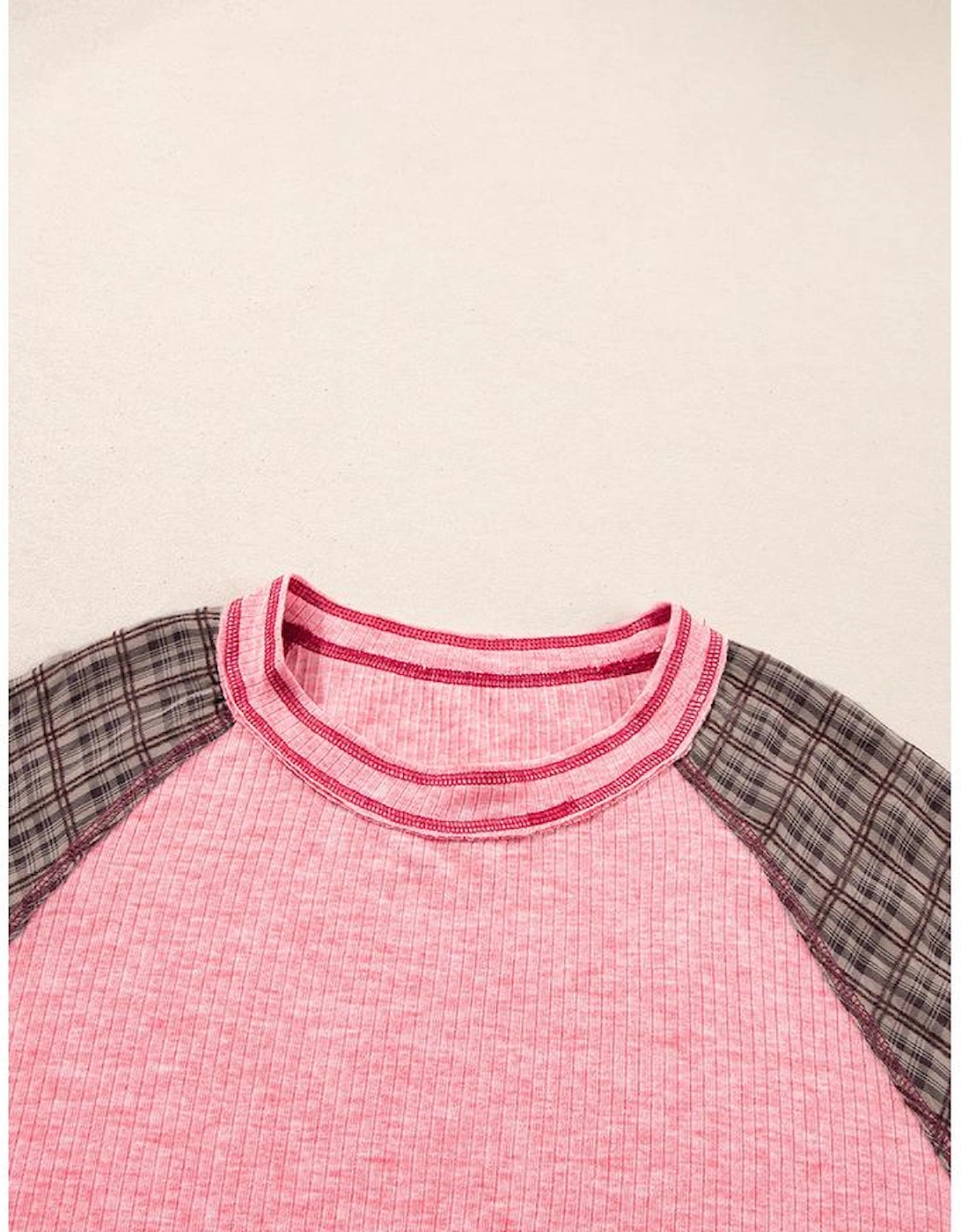 Pink Checkered Paisley Patchwork Raglan Sleeve Seamed Plus Size Top