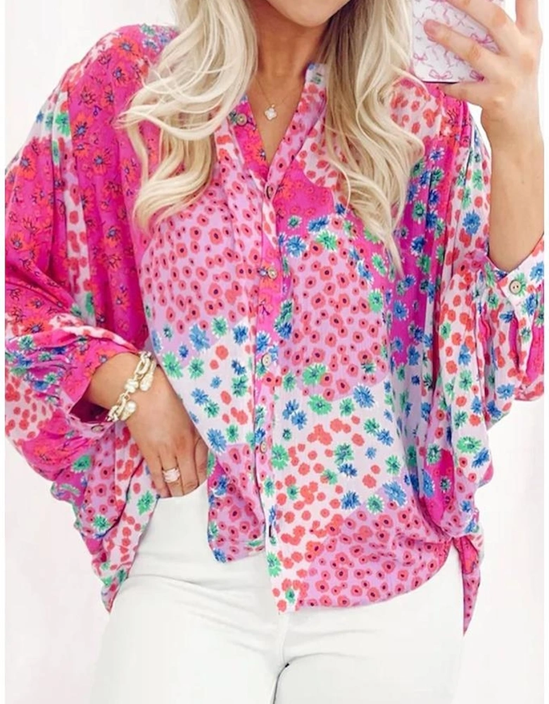 Rose Red Floral Allover Print Buttoned V Neck Oversized Shirt