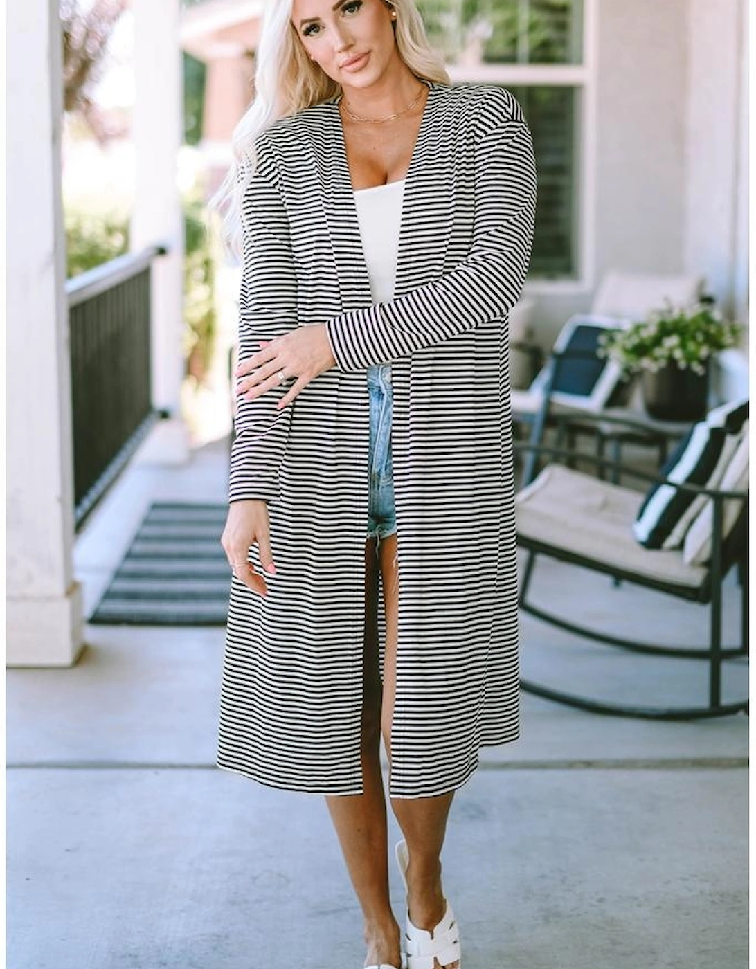 Stripe Open Front Long Cardigan