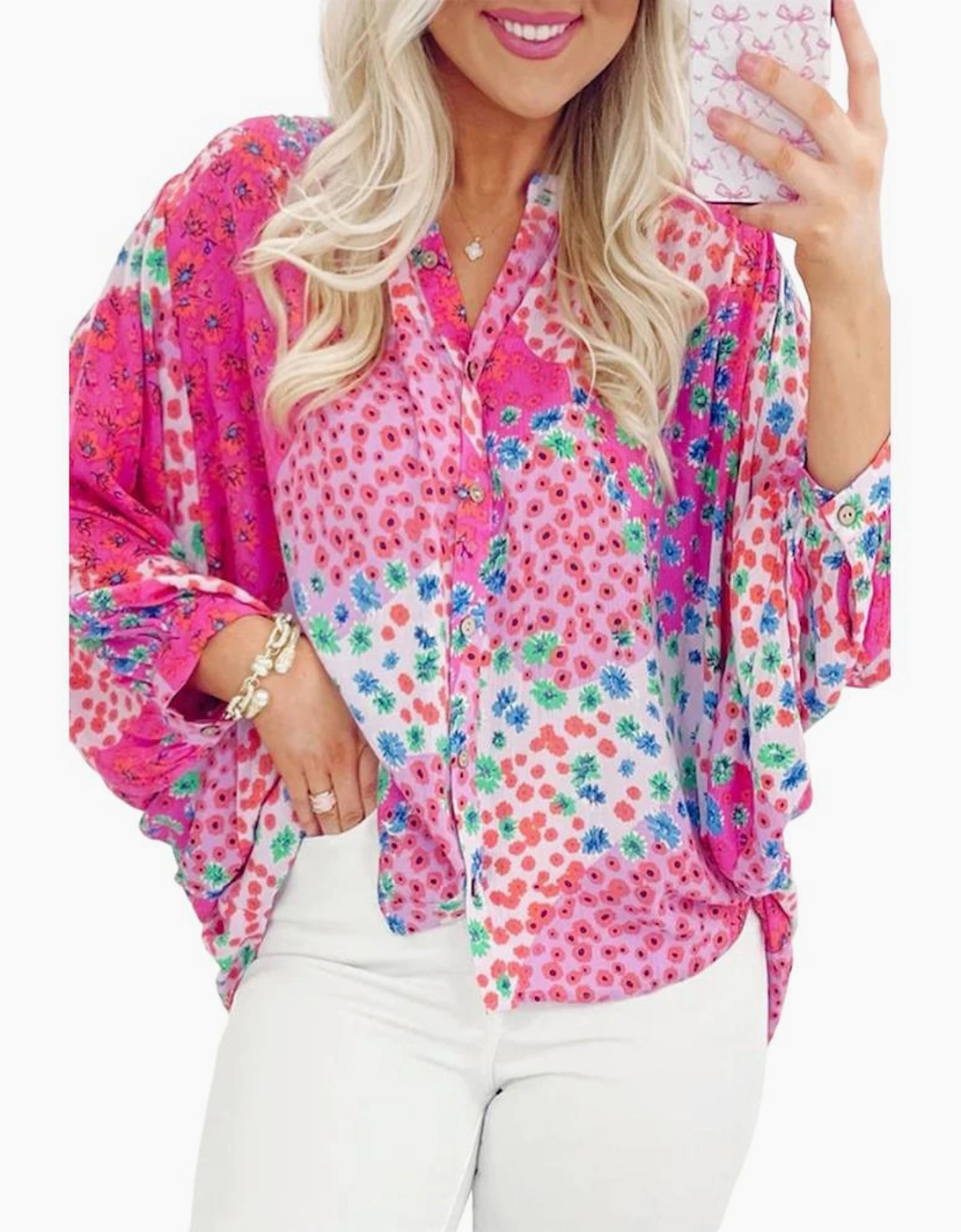 Rose Red Floral Allover Print Buttoned V Neck Oversized Shirt