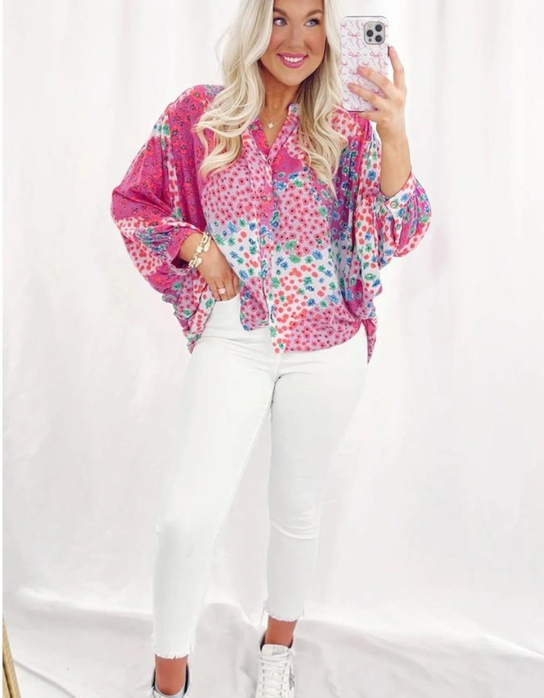 Rose Red Floral Allover Print Buttoned V Neck Oversized Shirt