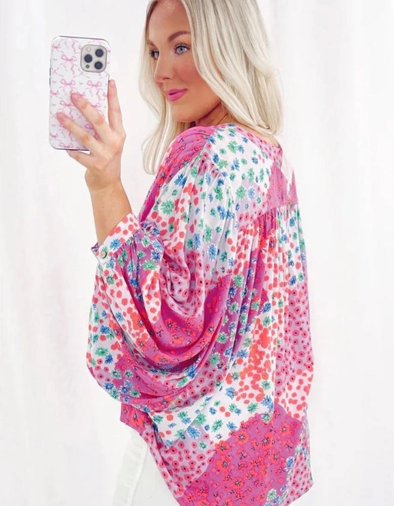 Rose Red Floral Allover Print Buttoned V Neck Oversized Shirt