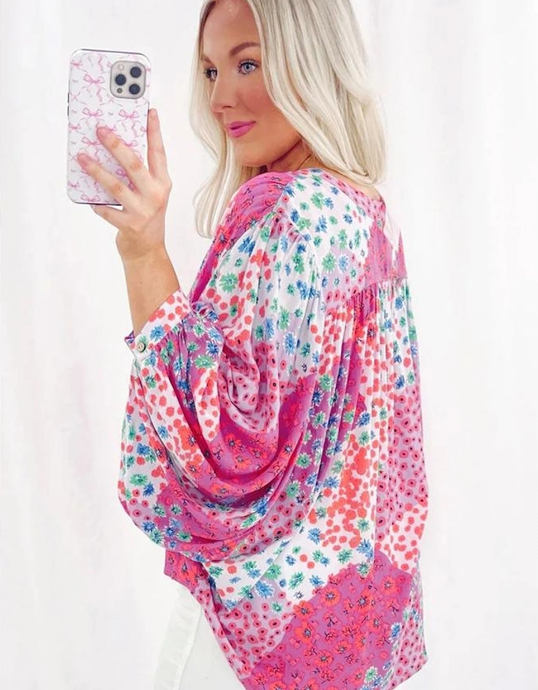 Rose Red Floral Allover Print Buttoned V Neck Oversized Shirt