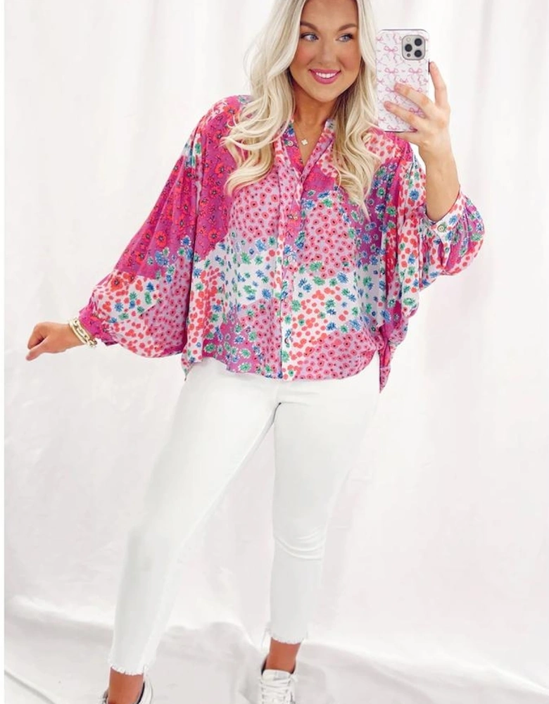Rose Red Floral Allover Print Buttoned V Neck Oversized Shirt