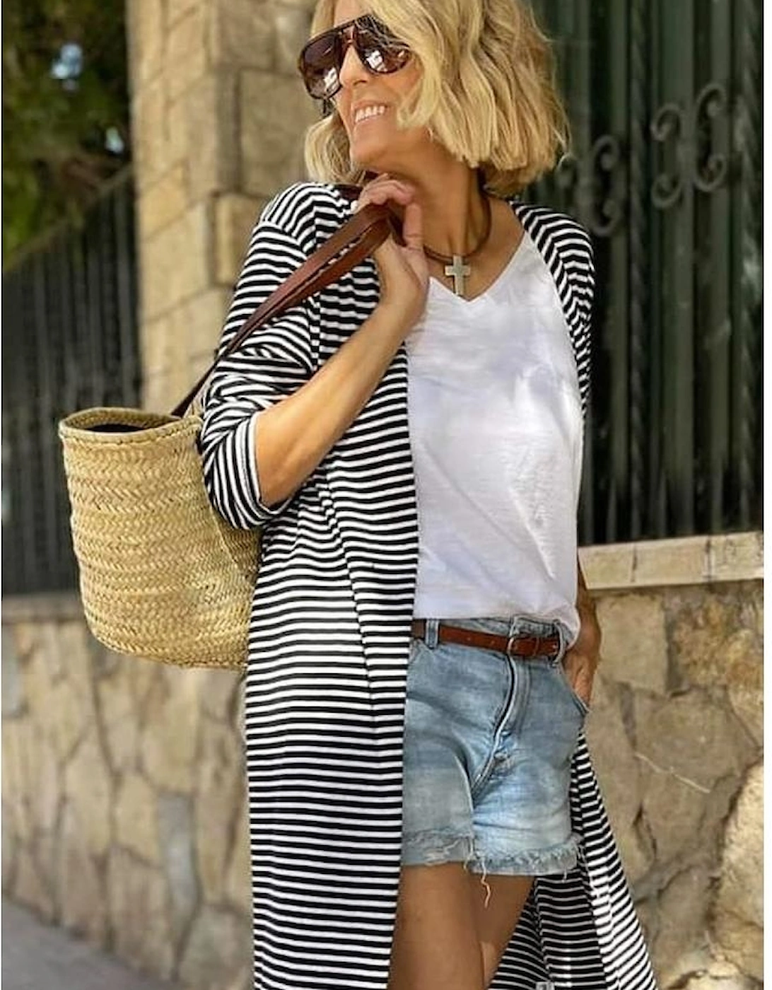 Stripe Open Front Long Cardigan