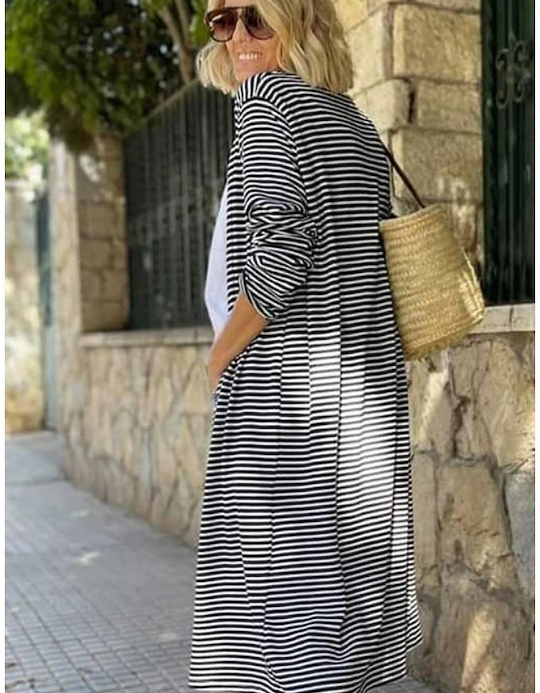 Stripe Open Front Long Cardigan
