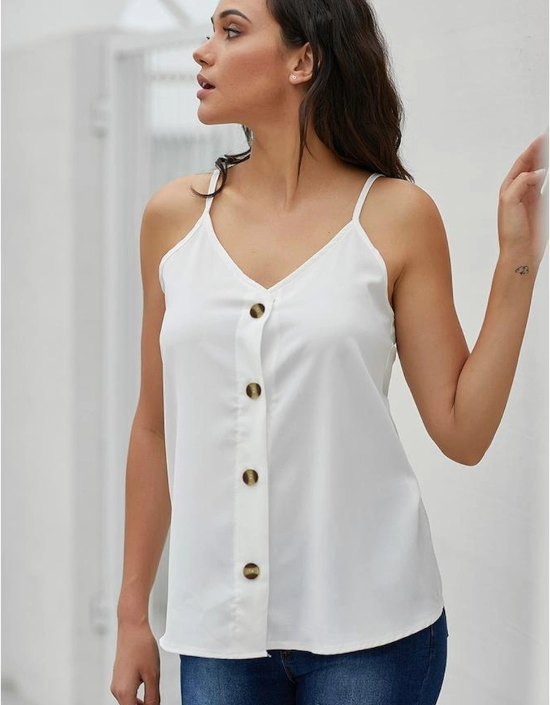 White Spaghetti Strap Buttoned Tank Top