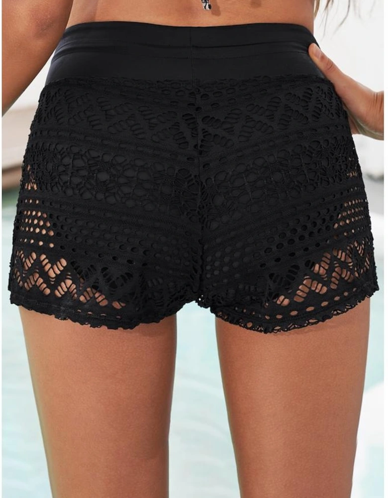 Black Lace Shorts Attached Swim Bottom