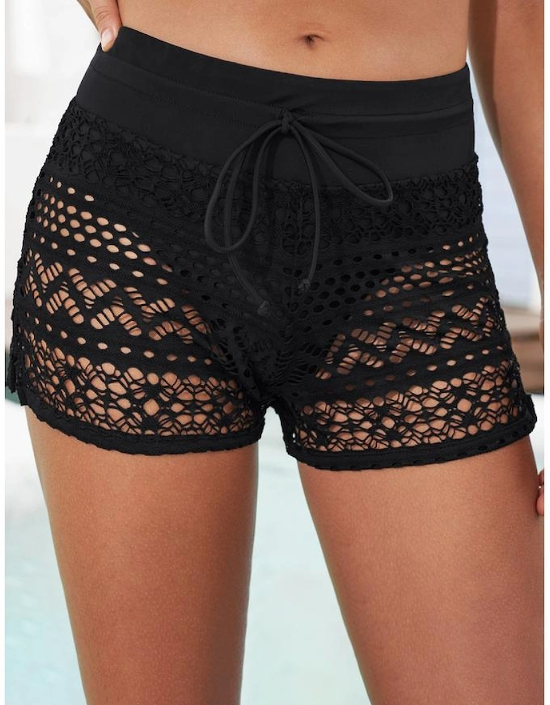 Black Lace Shorts Attached Swim Bottom