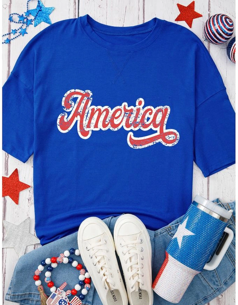 Dark Blue Contrast America Graphic Drop Shoulder Tee