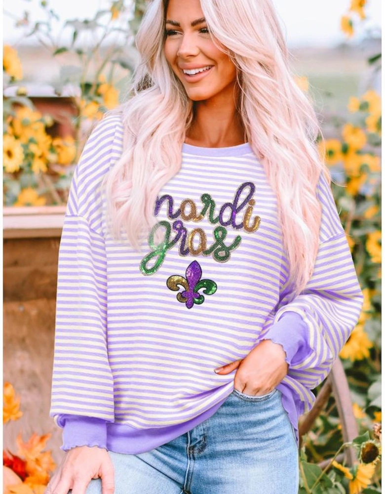 Purple Stripe mardi gras Sequin Patched Graphic Drop Shoulder Top