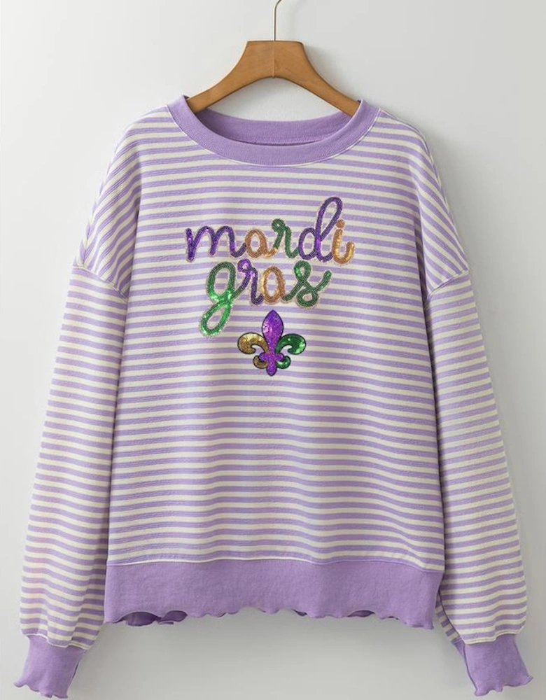 Purple Stripe mardi gras Sequin Patched Graphic Drop Shoulder Top