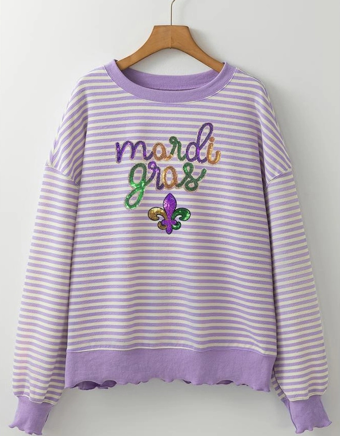 Purple Stripe mardi gras Sequin Patched Graphic Drop Shoulder Top, 6 of 5