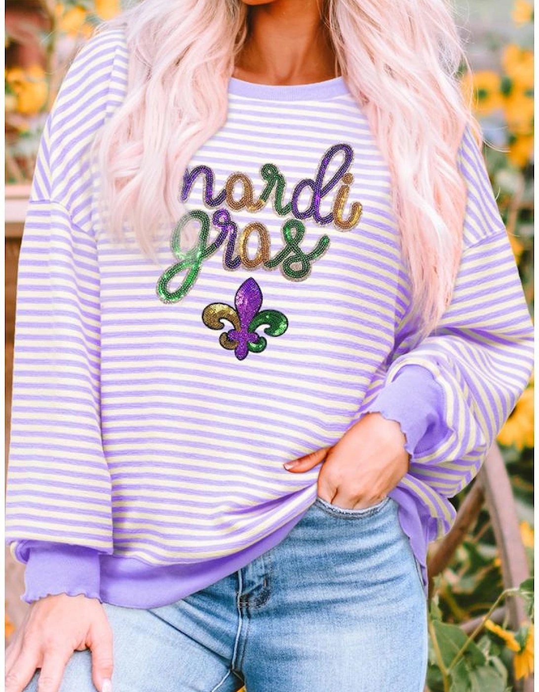 Purple Stripe mardi gras Sequin Patched Graphic Drop Shoulder Top