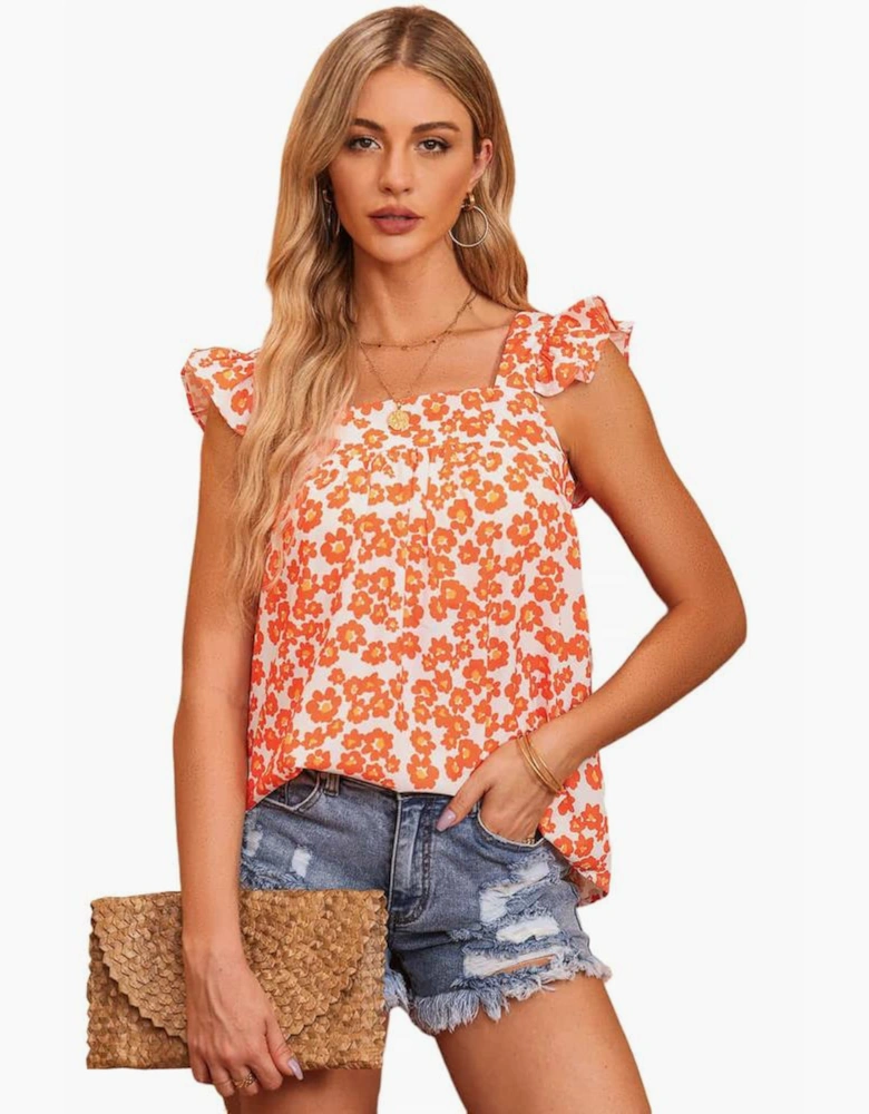 Orange Floral Print Square Neck Ruffle Tank Top