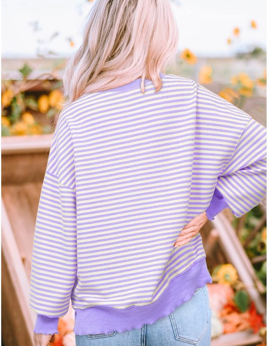 Purple Stripe mardi gras Sequin Patched Graphic Drop Shoulder Top