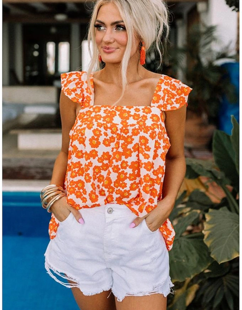 Orange Floral Print Square Neck Ruffle Tank Top