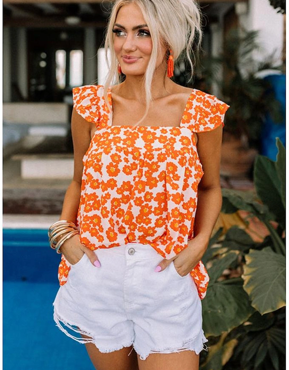 Orange Floral Print Square Neck Ruffle Tank Top