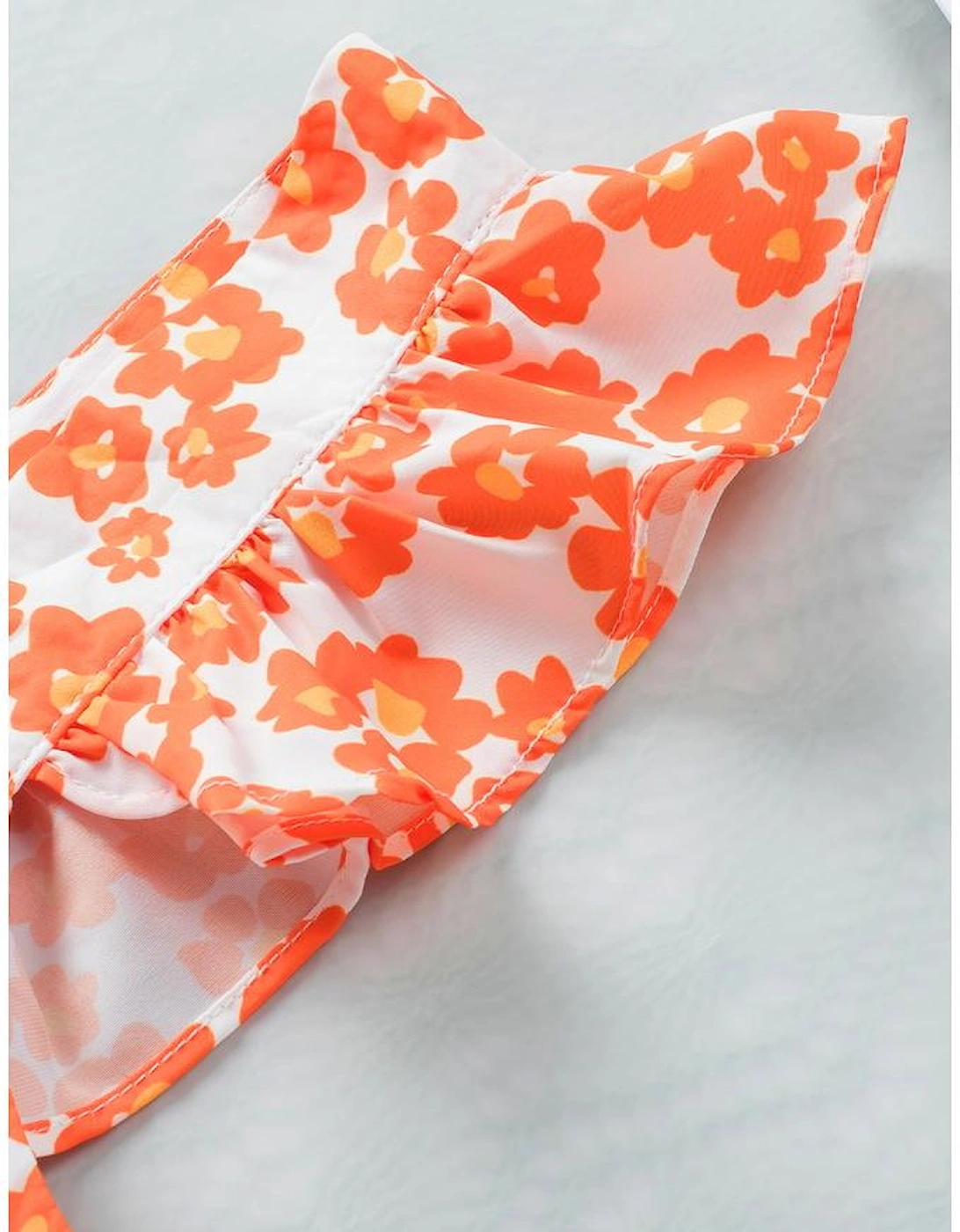 Orange Floral Print Square Neck Ruffle Tank Top