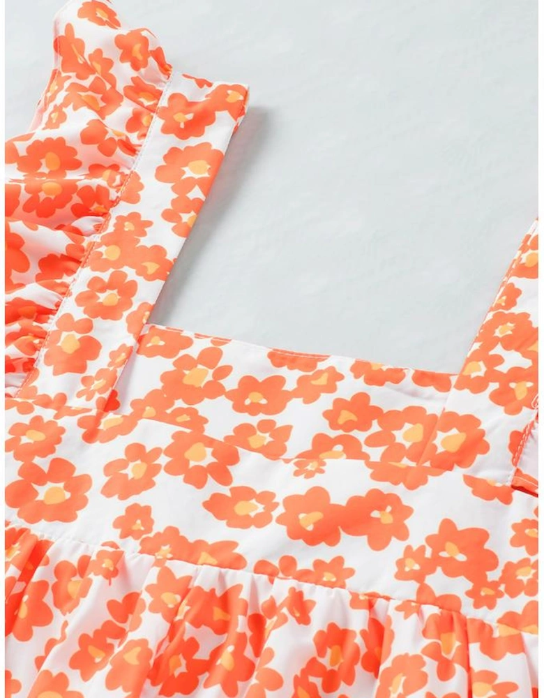 Orange Floral Print Square Neck Ruffle Tank Top