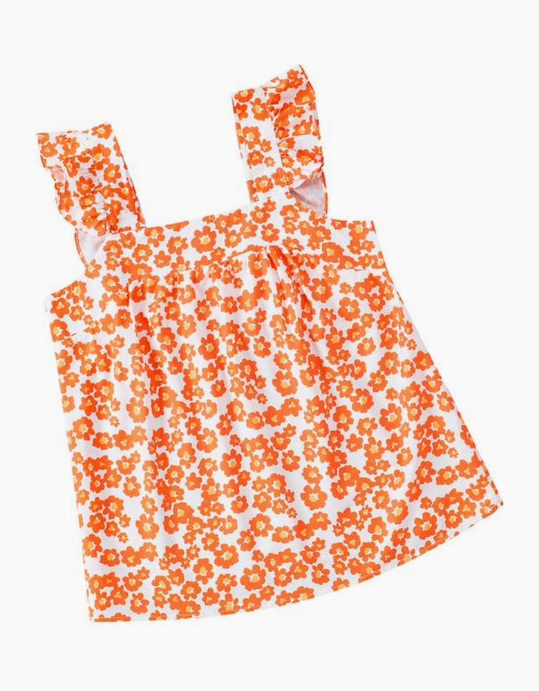 Orange Floral Print Square Neck Ruffle Tank Top