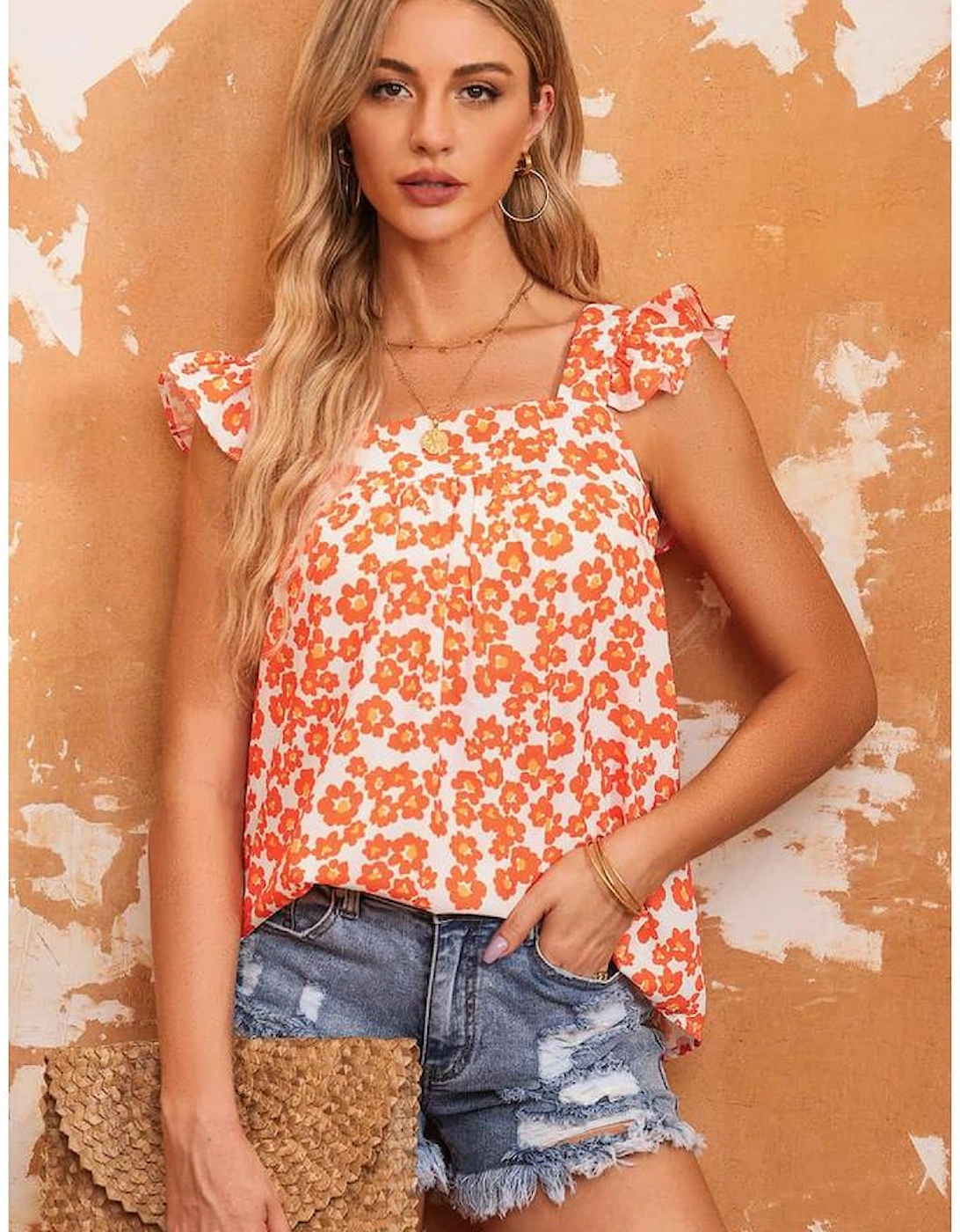 Orange Floral Print Square Neck Ruffle Tank Top