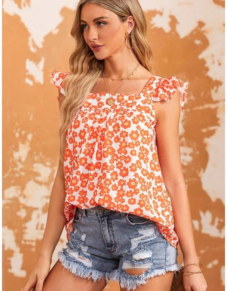 Orange Floral Print Square Neck Ruffle Tank Top