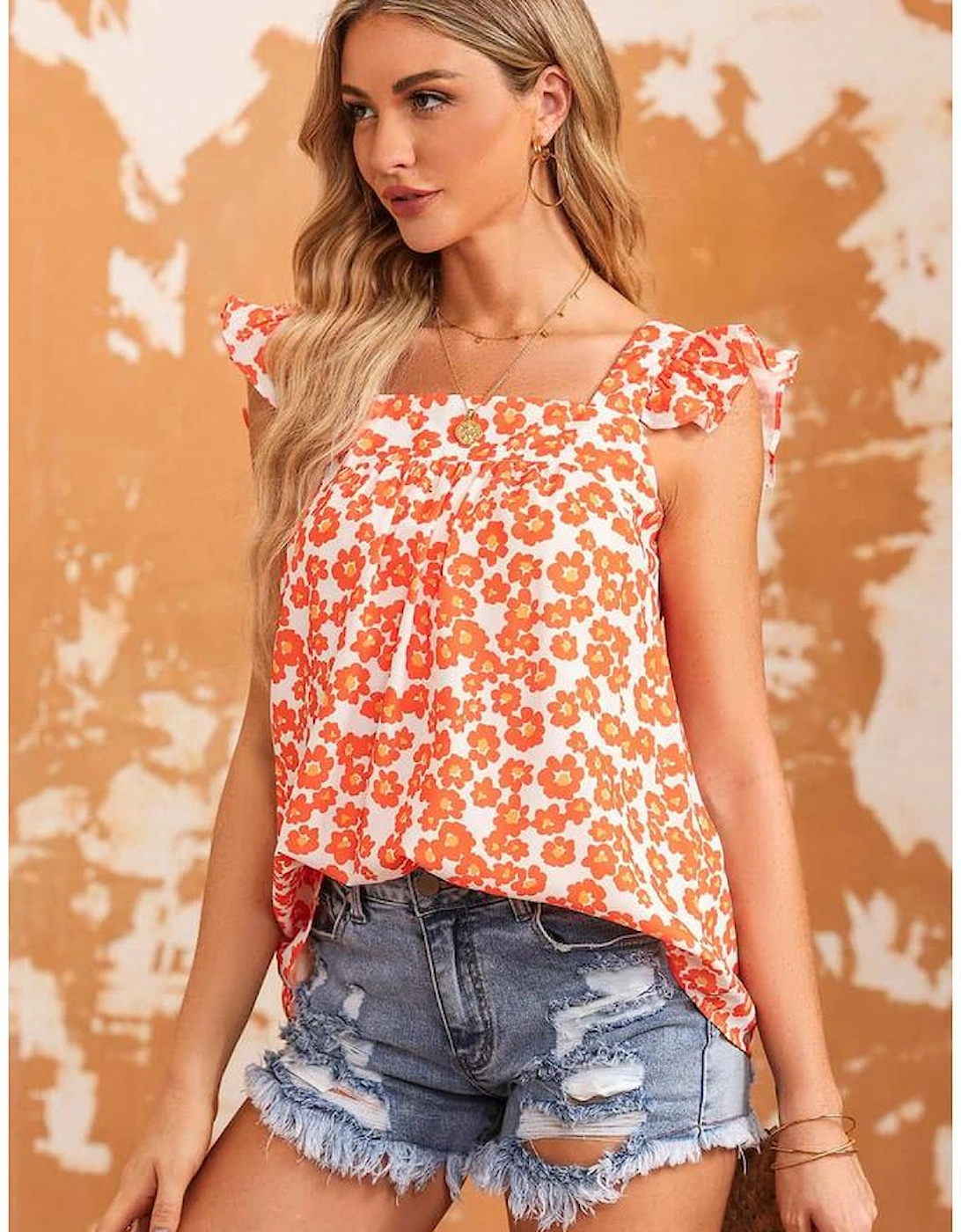 Orange Floral Print Square Neck Ruffle Tank Top