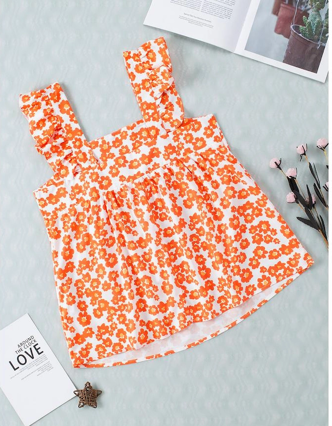 Orange Floral Print Square Neck Ruffle Tank Top