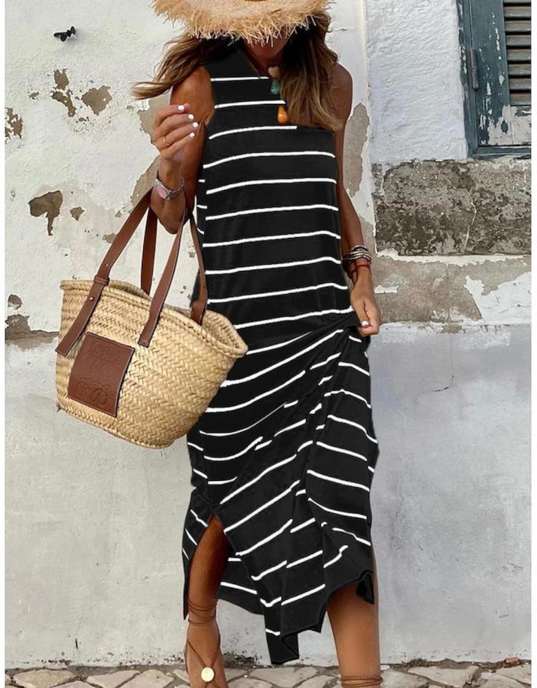 Black Stripe Print Open Back Sleeveless Maxi Dress with Slits