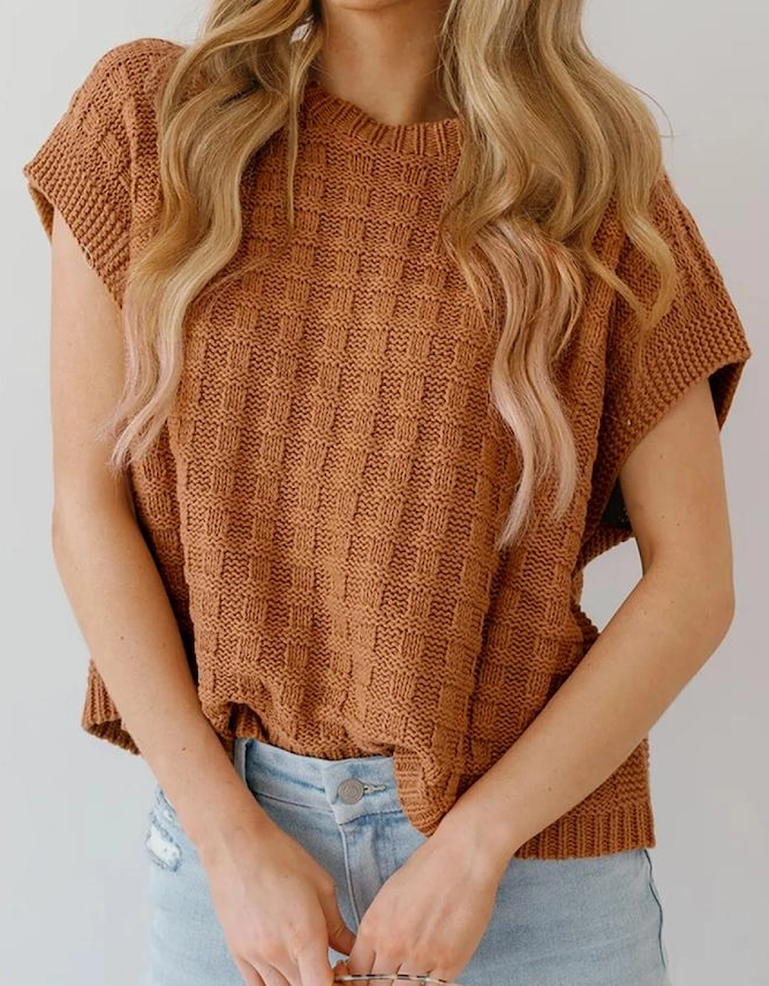 Camel Round Neck Textured Knit Sweater Vest