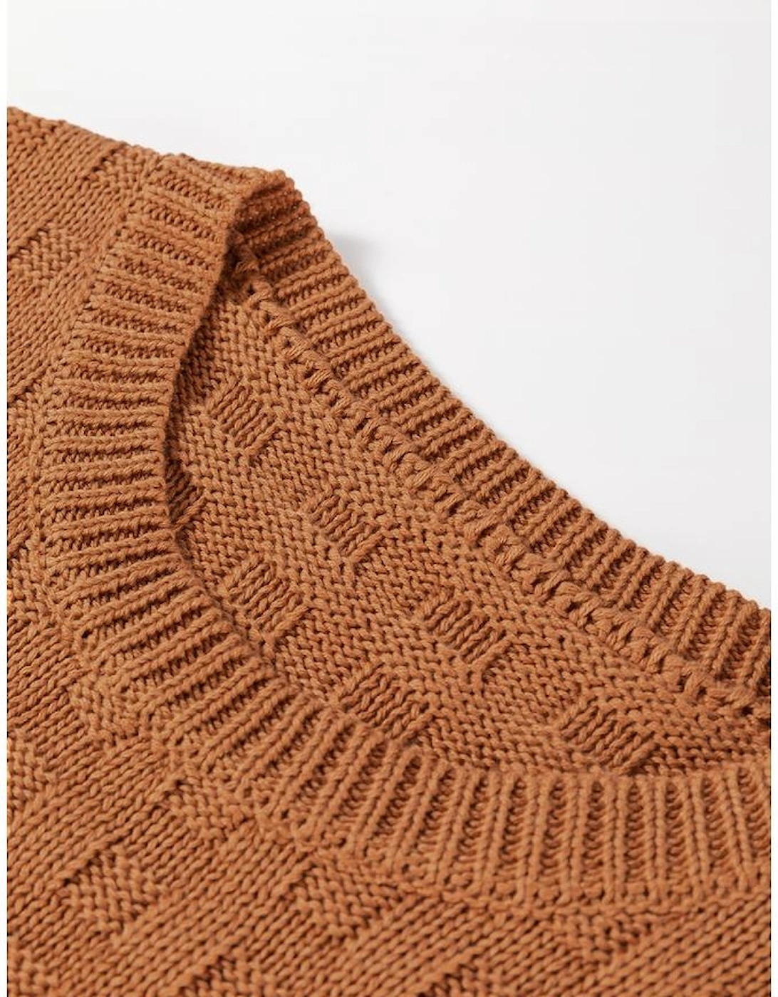 Camel Round Neck Textured Knit Sweater Vest