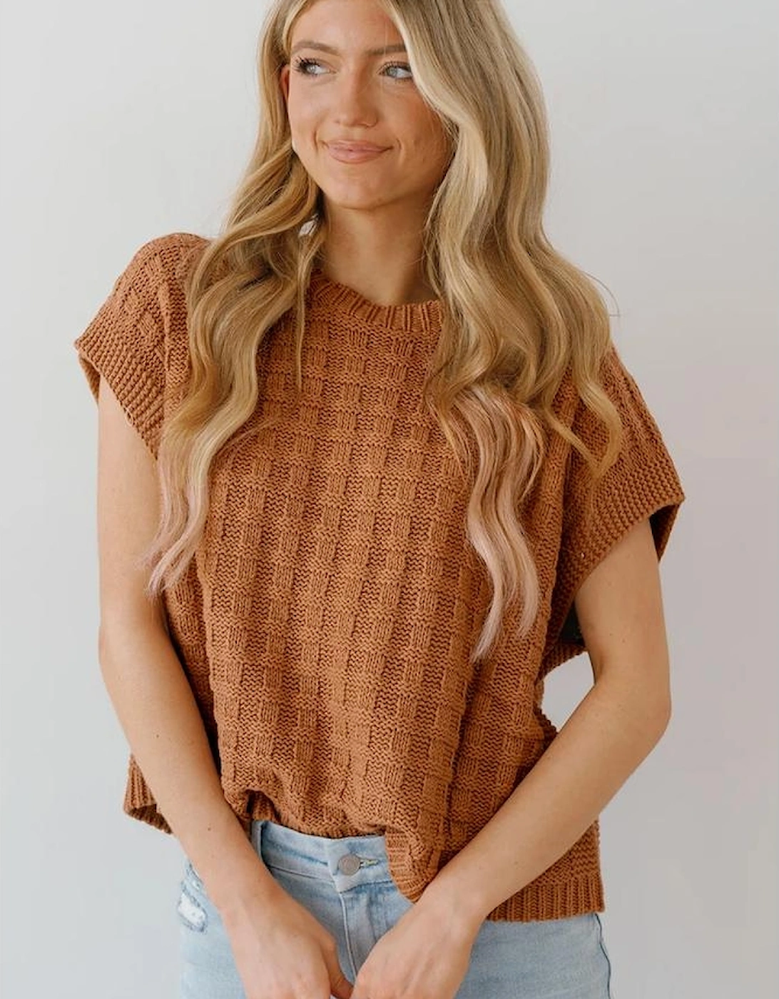 Camel Round Neck Textured Knit Sweater Vest