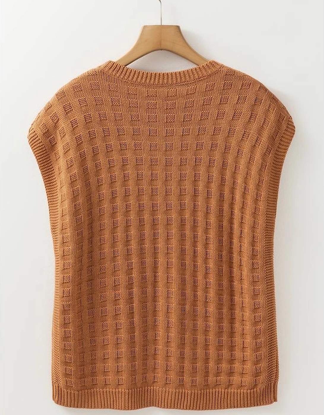 Camel Round Neck Textured Knit Sweater Vest