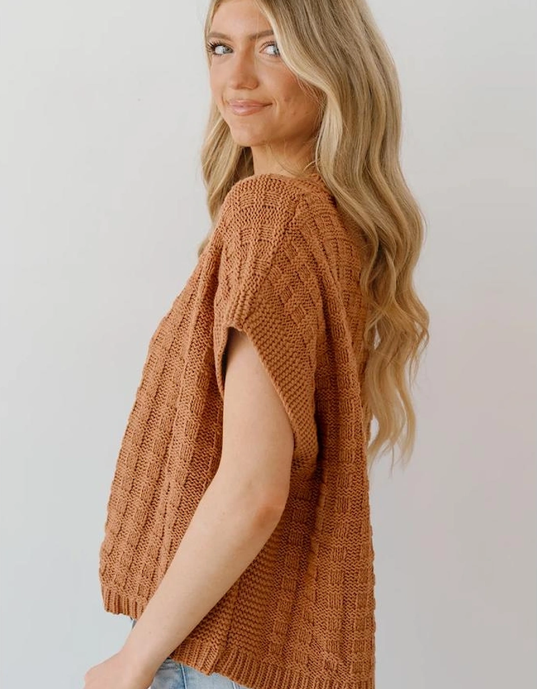 Camel Round Neck Textured Knit Sweater Vest