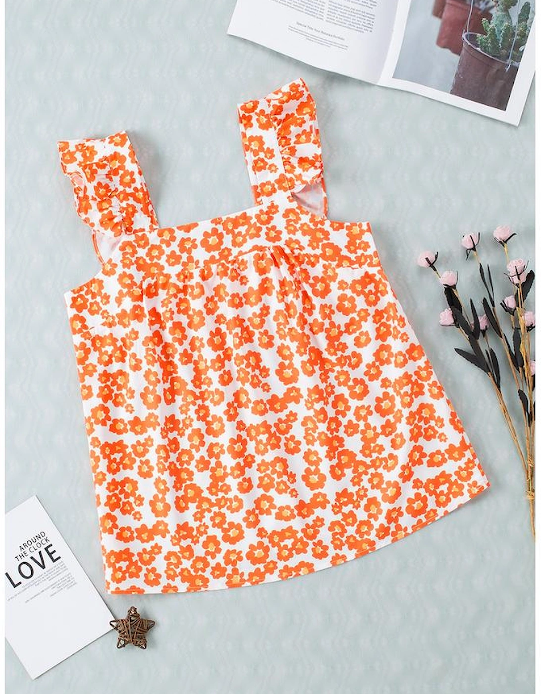 Orange Floral Print Square Neck Ruffle Tank Top