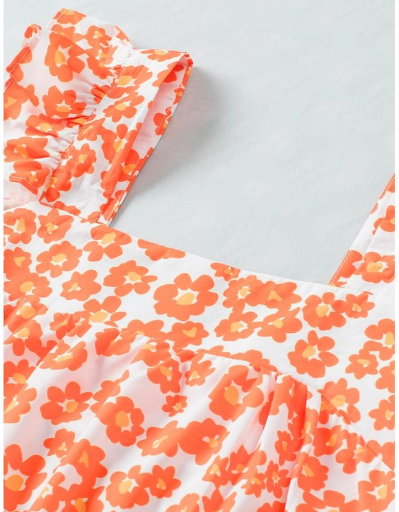 Orange Floral Print Square Neck Ruffle Tank Top