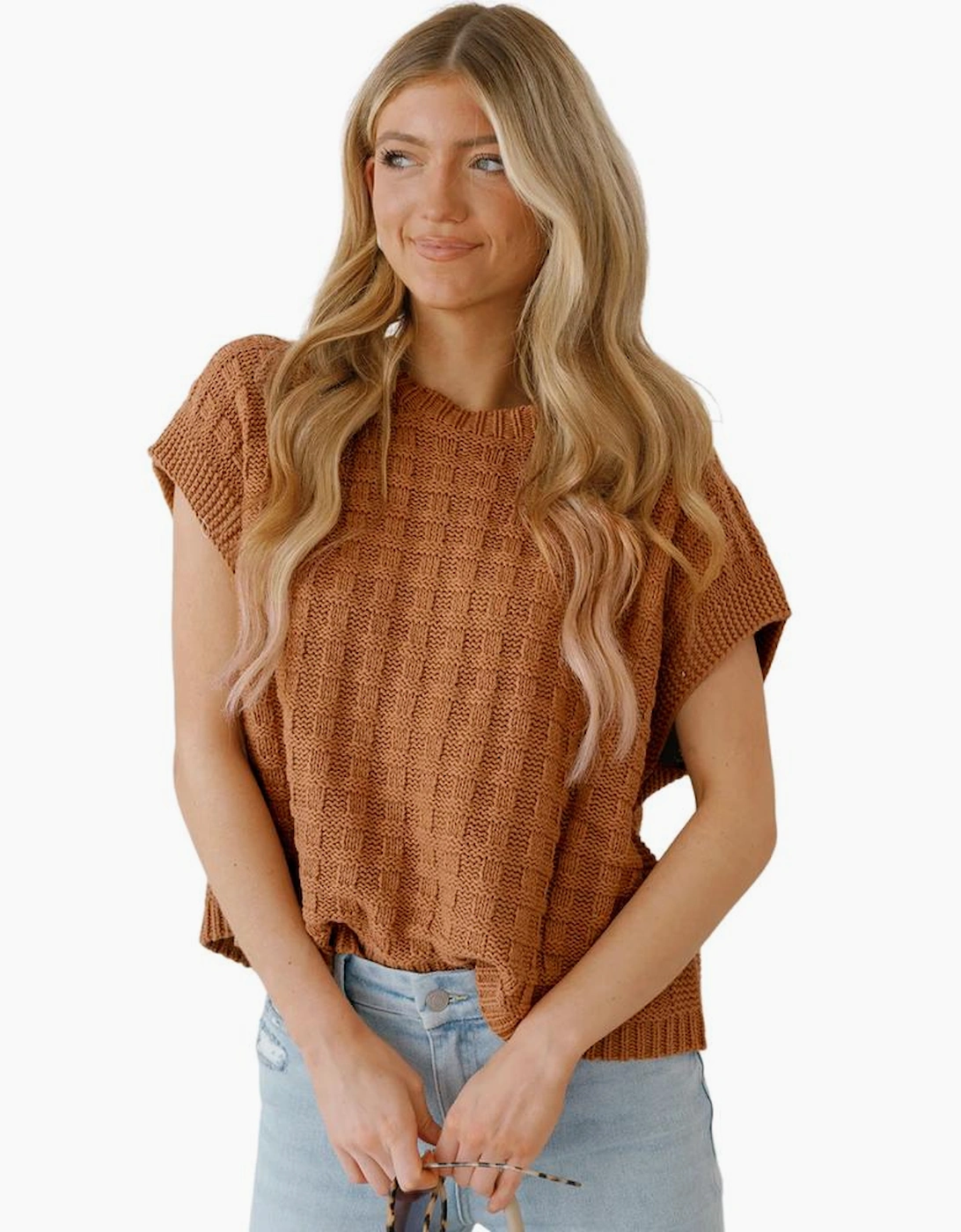 Camel Round Neck Textured Knit Sweater Vest