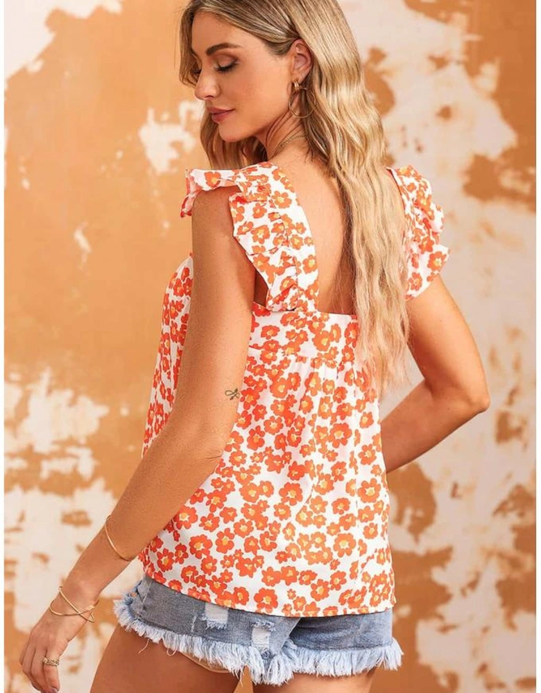 Orange Floral Print Square Neck Ruffle Tank Top