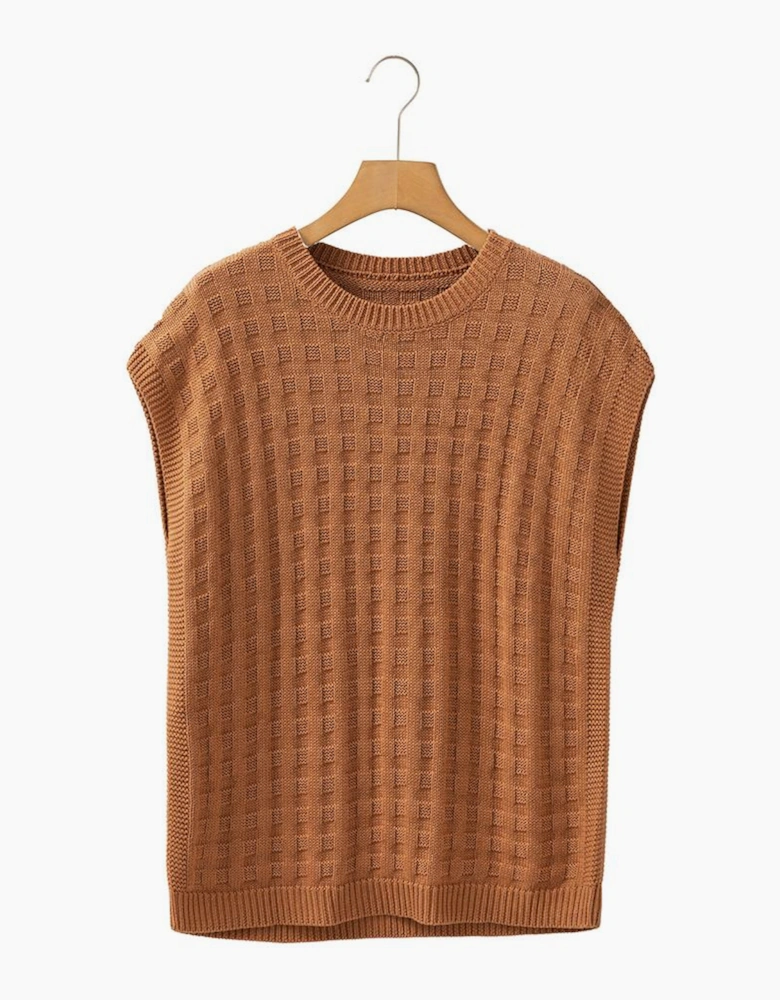Camel Round Neck Textured Knit Sweater Vest