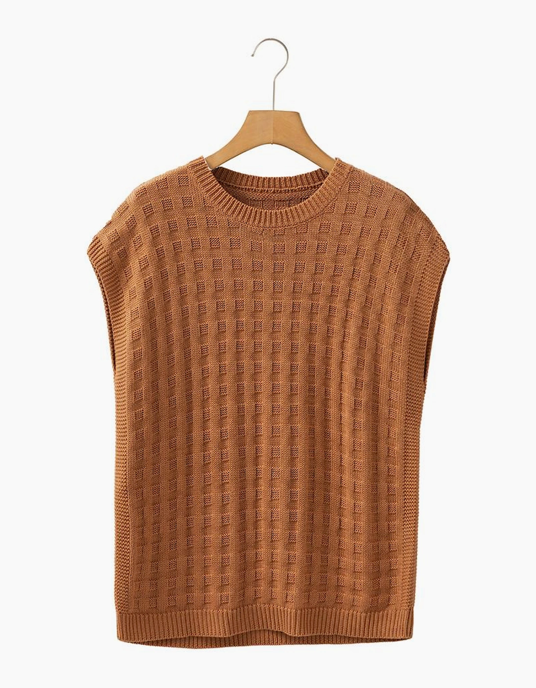 Camel Round Neck Textured Knit Sweater Vest