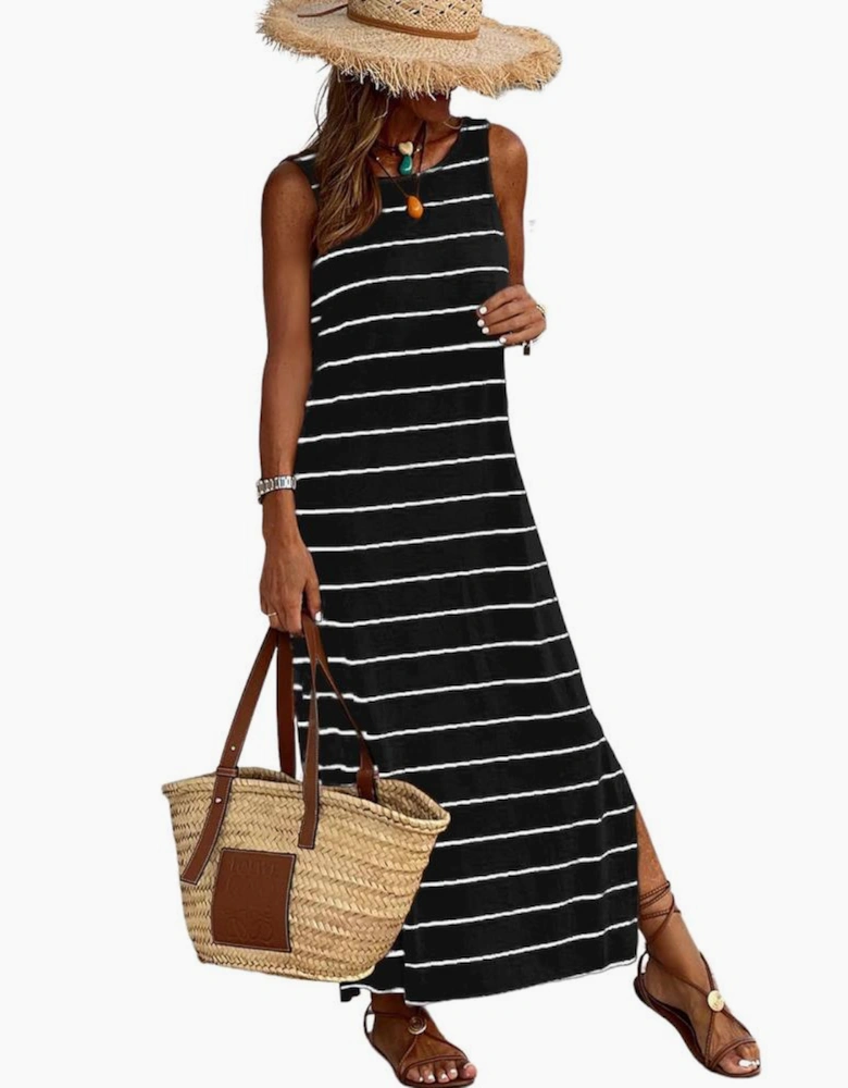 Black Stripe Print Open Back Sleeveless Maxi Dress with Slits