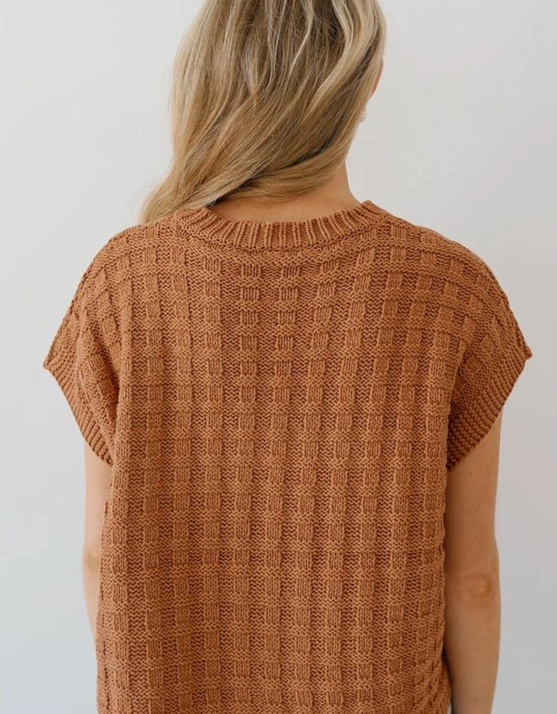Camel Round Neck Textured Knit Sweater Vest