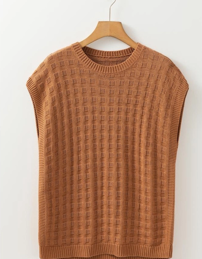 Camel Round Neck Textured Knit Sweater Vest