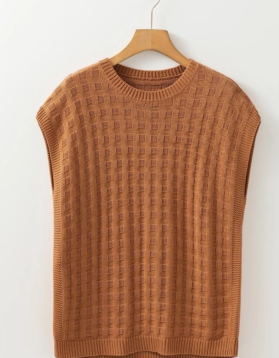 Camel Round Neck Textured Knit Sweater Vest