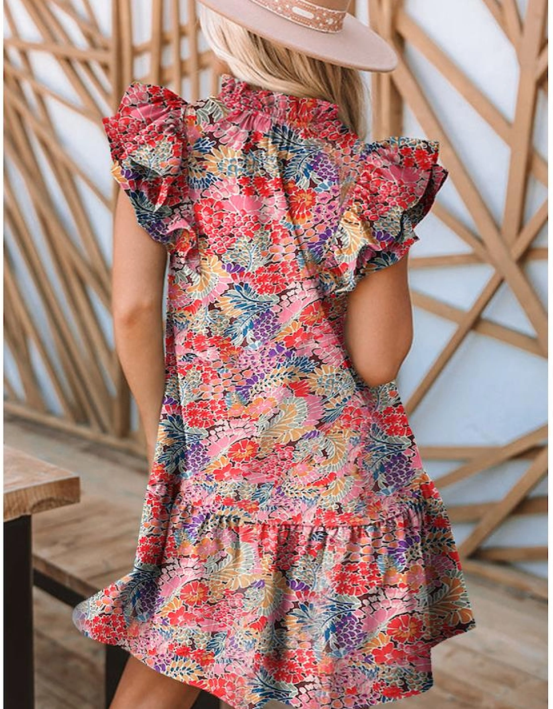 Azura Exchange Floral Print Tie V Neck Ruffle Dress