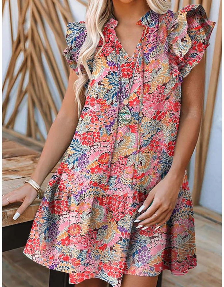 Azura Exchange Floral Print Tie V Neck Ruffle Dress