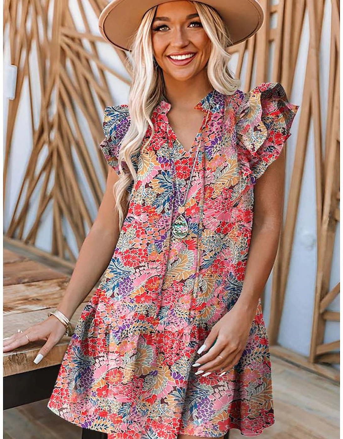 Azura Exchange Floral Print Tie V Neck Ruffle Dress